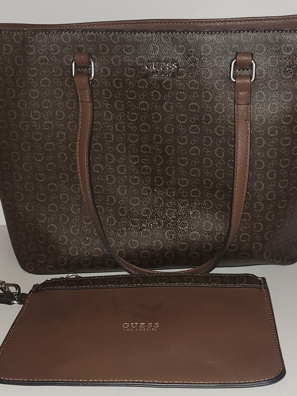 GUESS Brown Logo Tote with Matching Wristlet